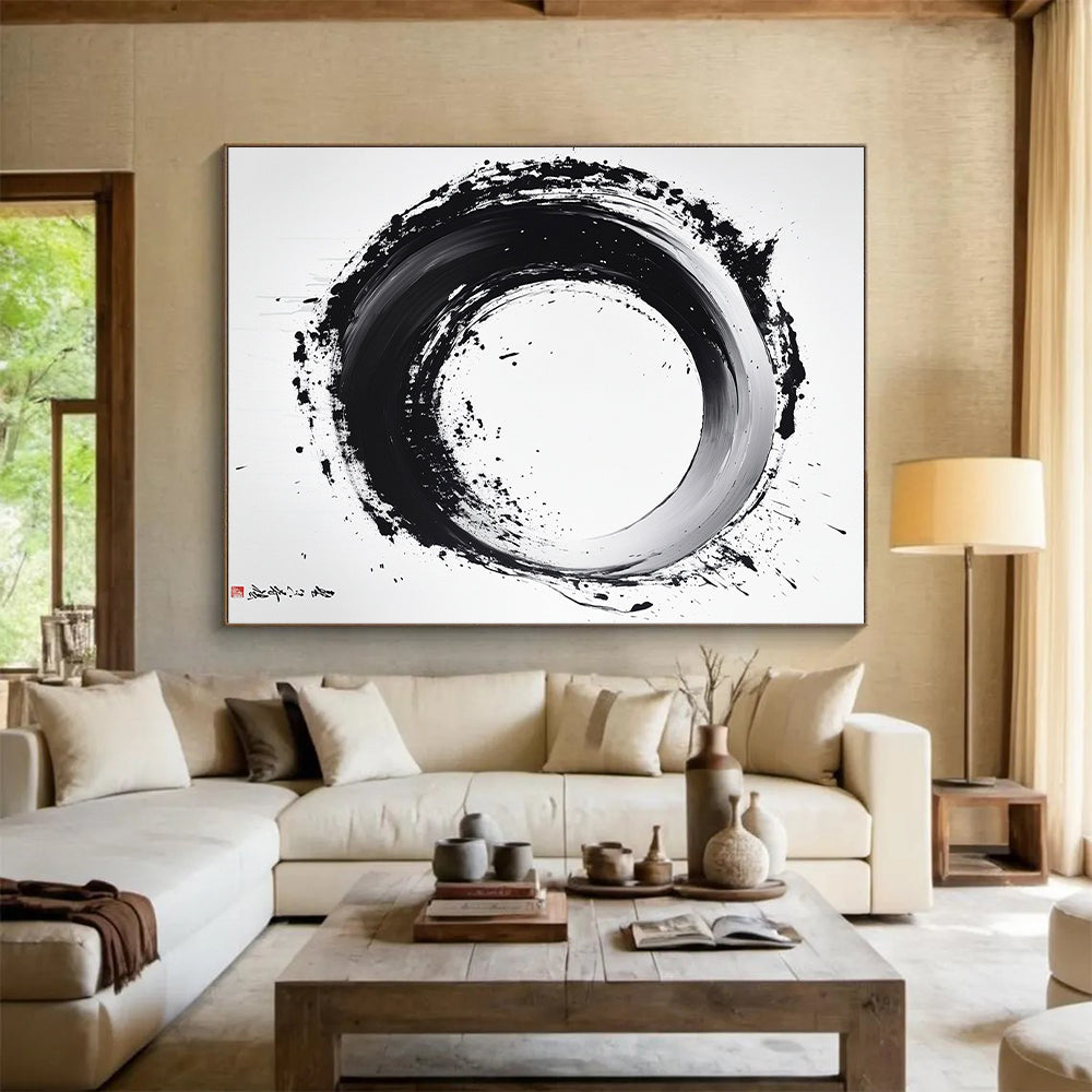 Black and White Textured Circle "Rustic Enso" Painting On Canvas HB288