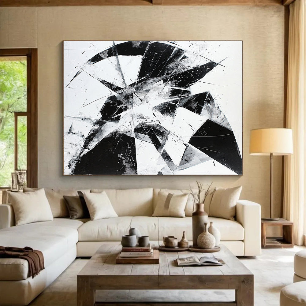 Black and White Geometric Shards "Broken Order" Painting On Canvas HB268