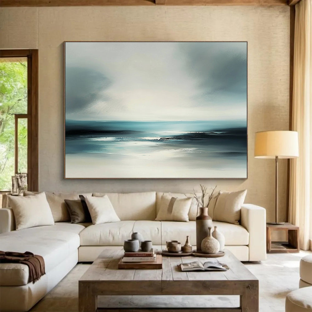 “Minimalist Sea Horizon” - Gray, Blue, White - Softly Blended Sea and Sky - Acrylic Painting HB1308