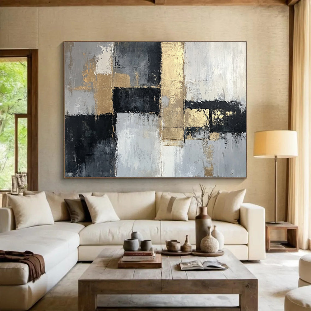 “Gold Accents on Gray Abstract” - Gray, white, black, gold; Abstract with geometric shapes and gold accents; Acrylic Painting On Canvas HB1268