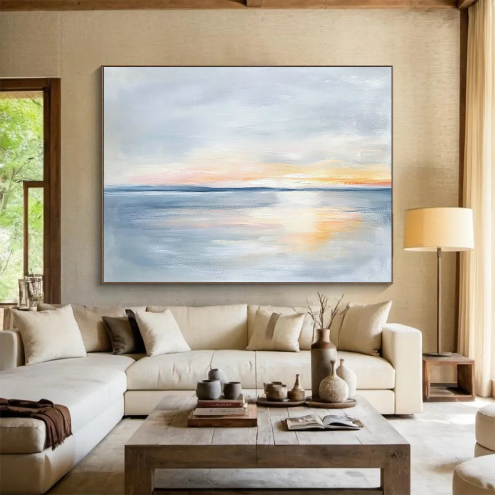 “Pastel Sea Sunset” - Soft Gray, Orange, Pink, Tranquil Seascape Painting On Canvas HB1005