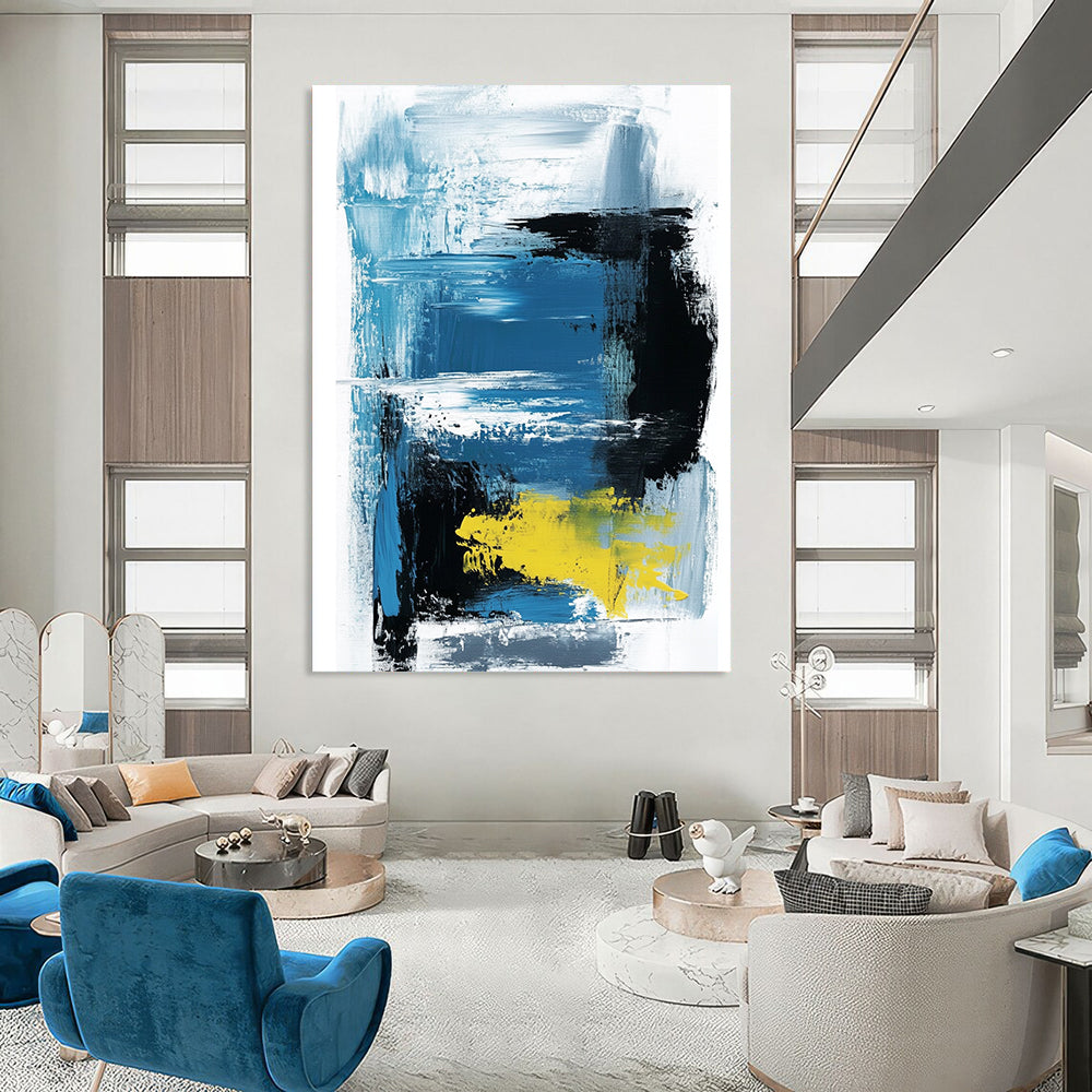 Large contemporary hand-painted abstract artwork featuring thick brush strokes and lines in light blue black and yellow on a white background by Amippo. DLZ1702