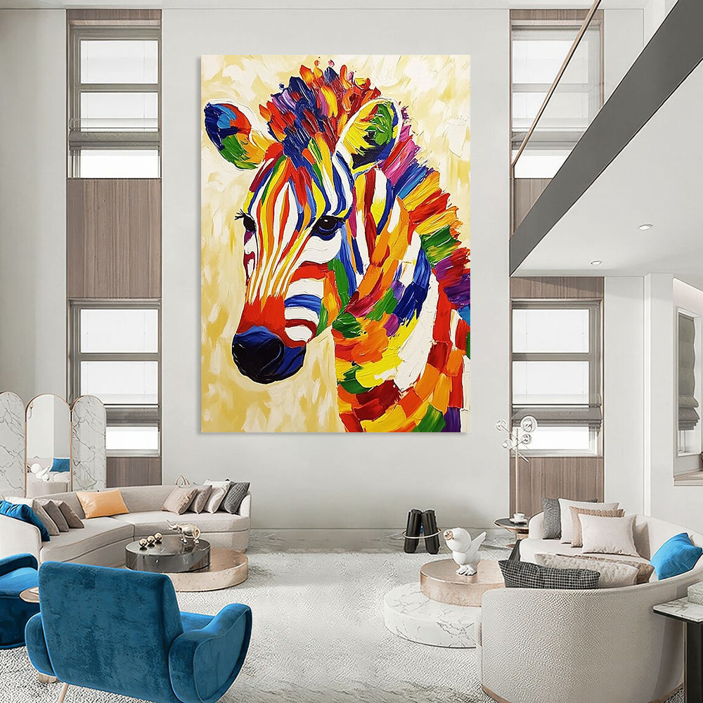 Vibrant contemporary abstract painting featuring a textured zebra on a beige background radiating cheerful energy and bold colors. DLZ1401