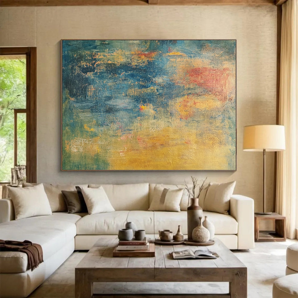 “Subtle Color Blends in Blue and Yellow” - Blue, yellow, green, red; Subtle blends of colors in blue and yellow tones; Soft Oil Painting On Canvas HB1205