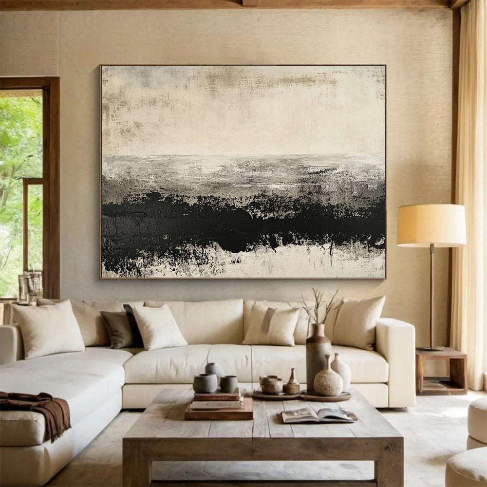 “Grayscale Textured Landscape” - Black, White, Gray, Textured Fields Painting On Canvas HB0800