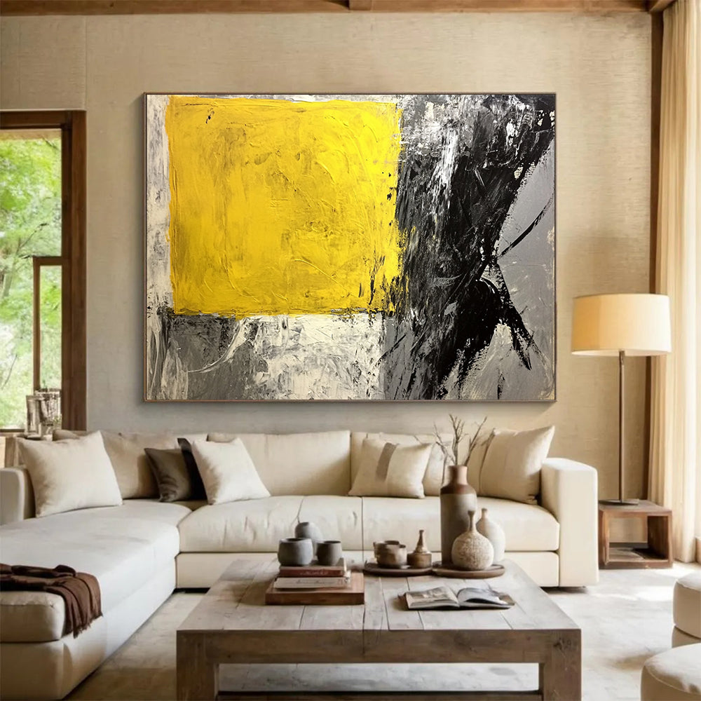 “Yellow - Black Abstract Blocks” - Yellow, Black, Gray - Painting On Canvas HB1409