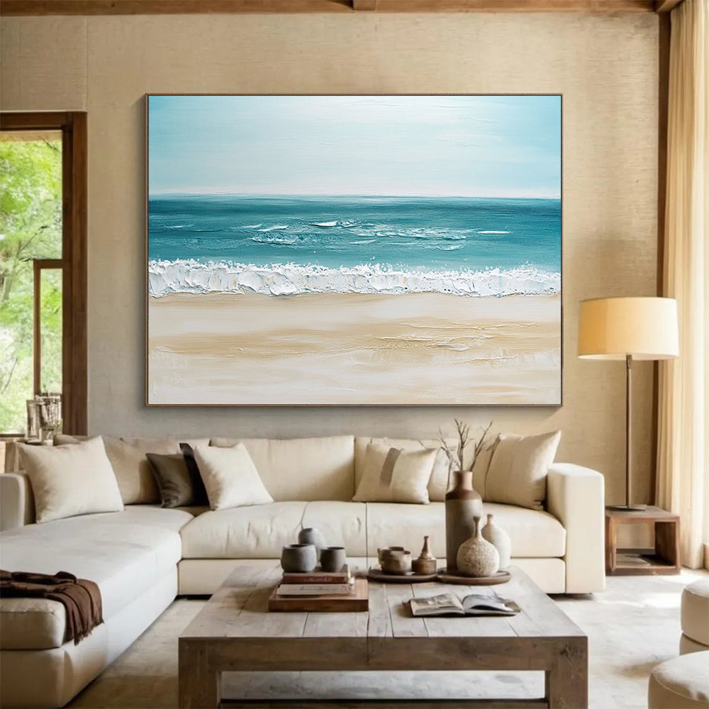 “Minimalist Beach” - Soft Blues, Beiges, Whites, Calm Beach Scene - Impasto Oil Painting HB1745