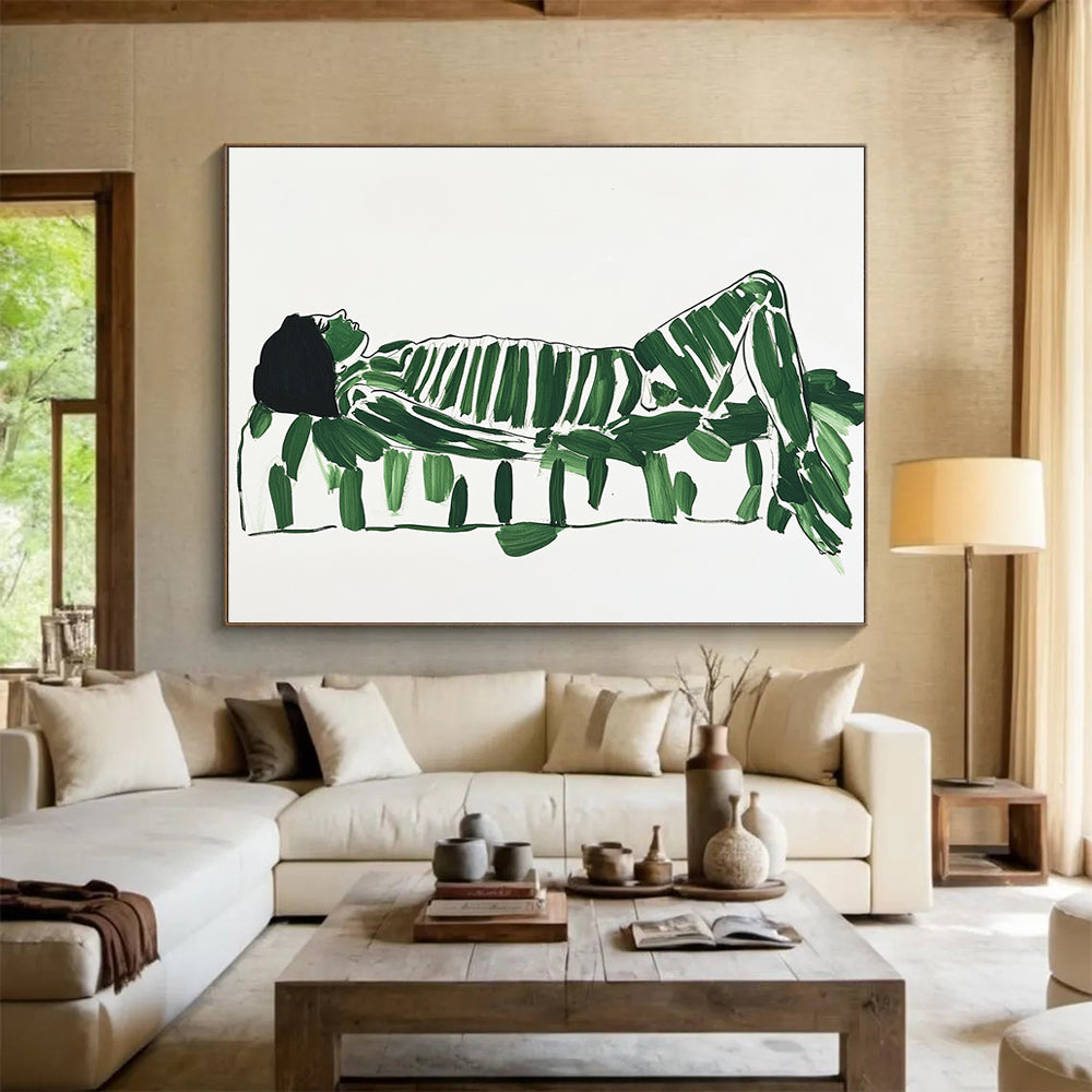 “Green - Leafed Figure” - Green leaves, black lines, Figurative Abstract Painting On Canvas HB0559