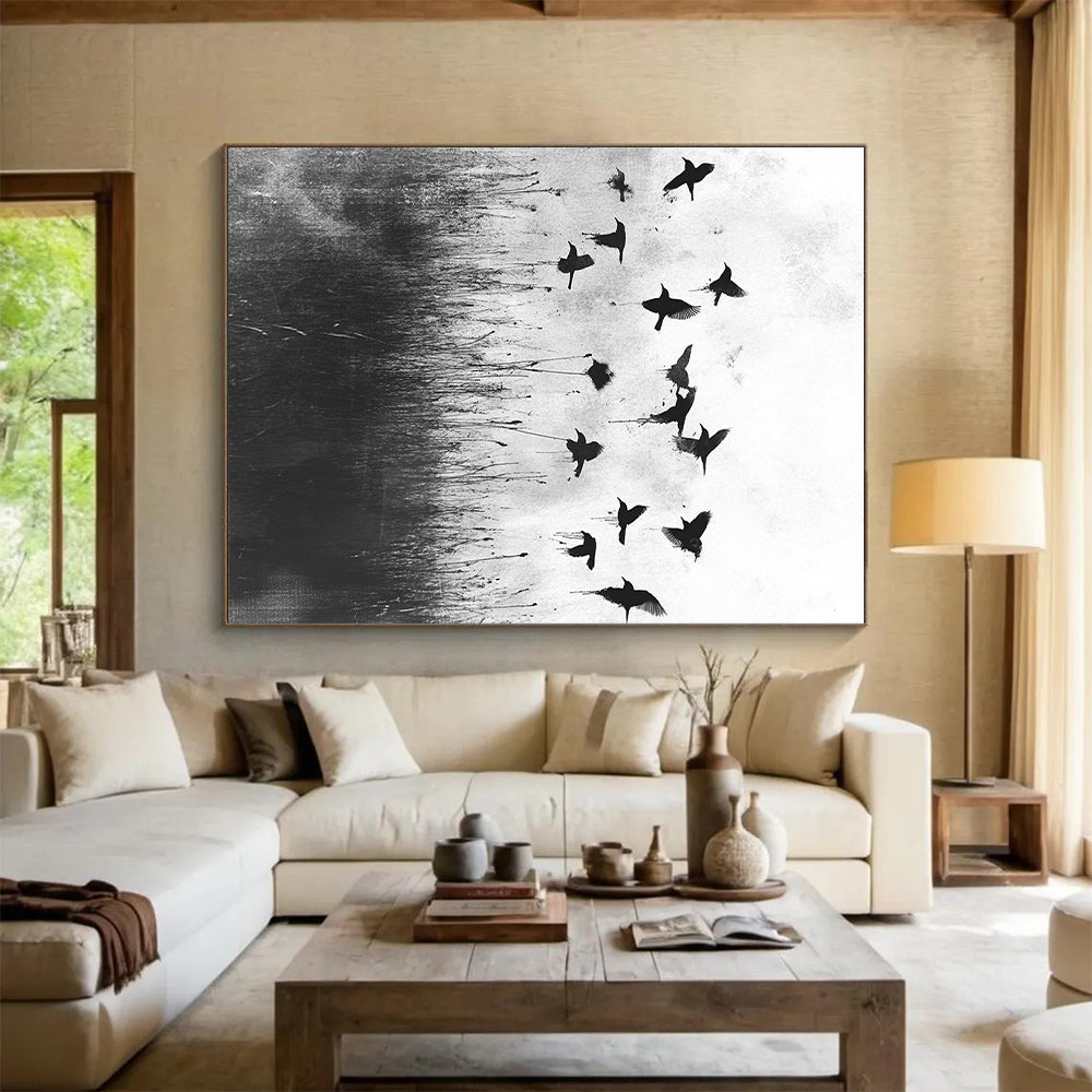 Black and White Birds in Field "Misty Flight" Painting On Canvas HB301