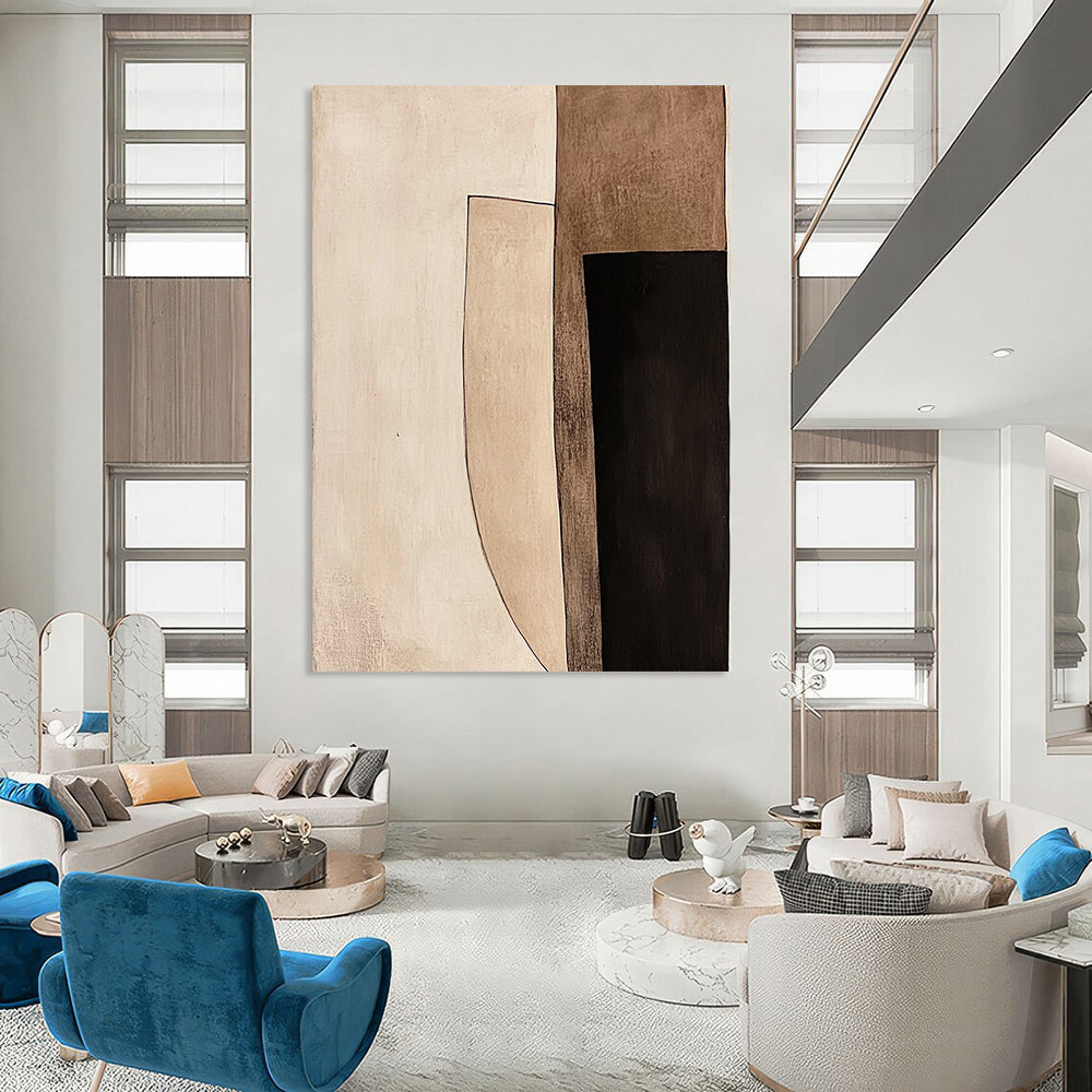 Contemporary hand-painted abstract art with geometric shapes featuring light brown and black tones bordered in white against a minimalist beige background. DLZ1424