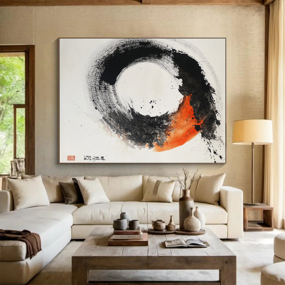 Black, White, Orange, Gray, Textured Circle "Fiery Enso" Abstract Expressionist Painting On Canvas HB106