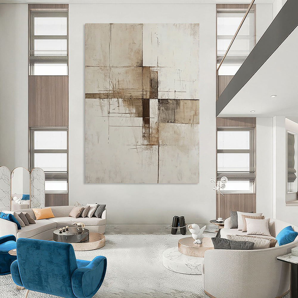 Contemporary hand-painted abstract artwork featuring minimalist deconstructed forms in beige white and brown inspired by architectural structures. DLZ0540