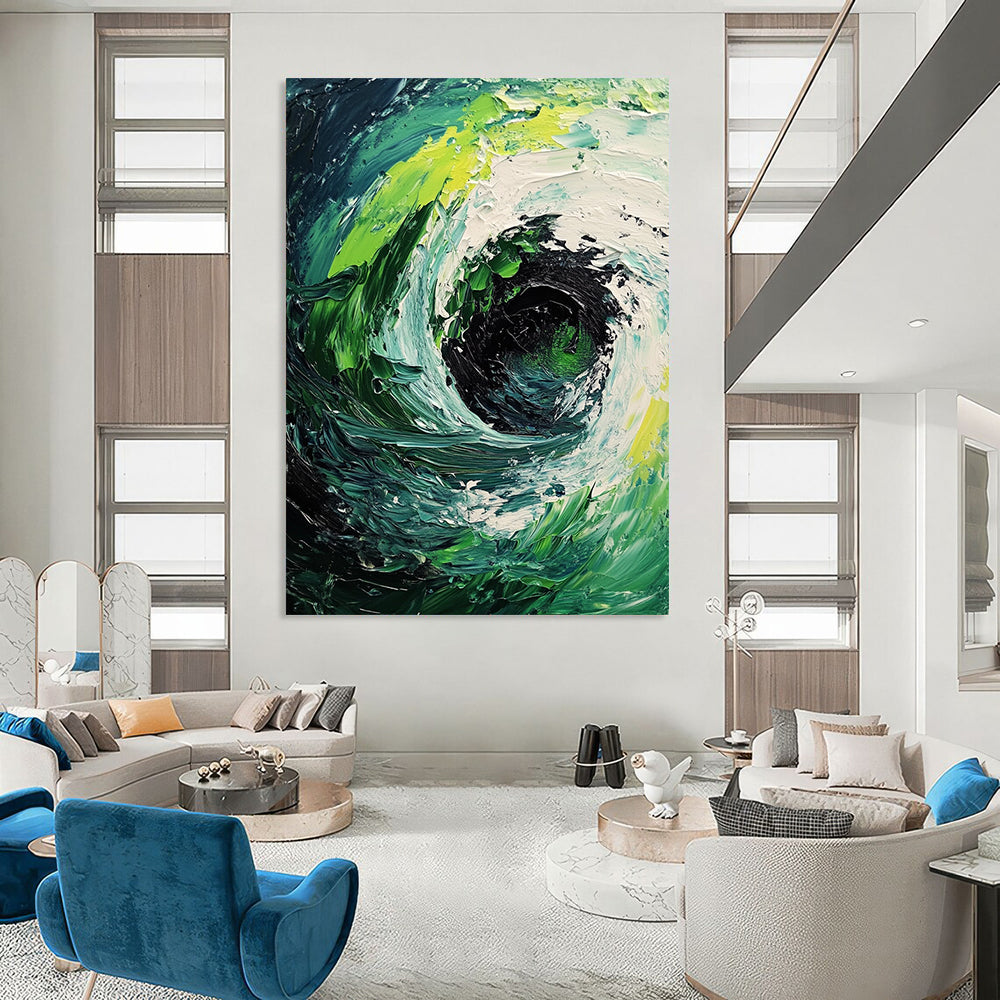 Contemporary abstract painting featuring a dynamic whirlpool of dark green and white waves with bold brushstrokes and striking light-dark contrast. DLZ1229