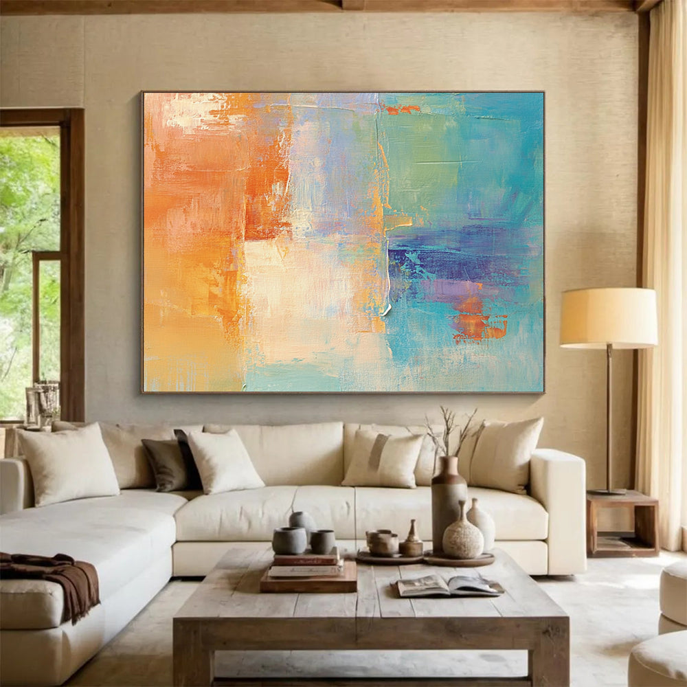 “Colorful Abstract Blend” - Orange, blue, purple, beige; Abstract color - block blend; Acrylic Painting On Canvas HB1276