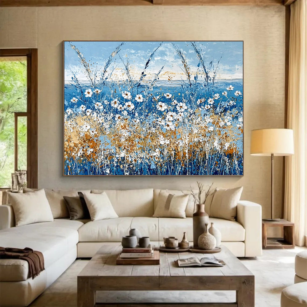 “Blue Wildflower Field with White Daisies” - Blue, White, Yellow, Orange, Floral Landscape Painting On Canvas HB0828