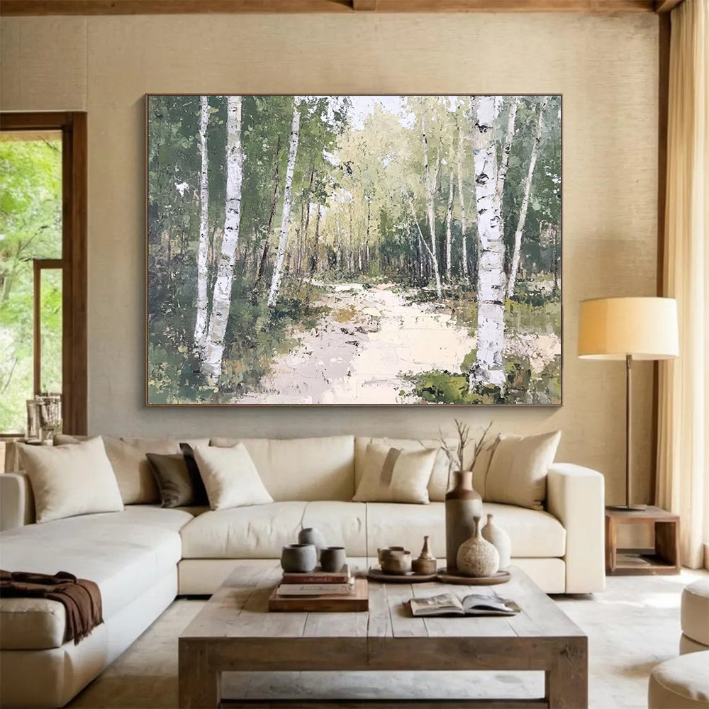 “Birch Forest Path” - Greens, Whites, Earthy Browns, Forest Path - Oil Painting HB1619