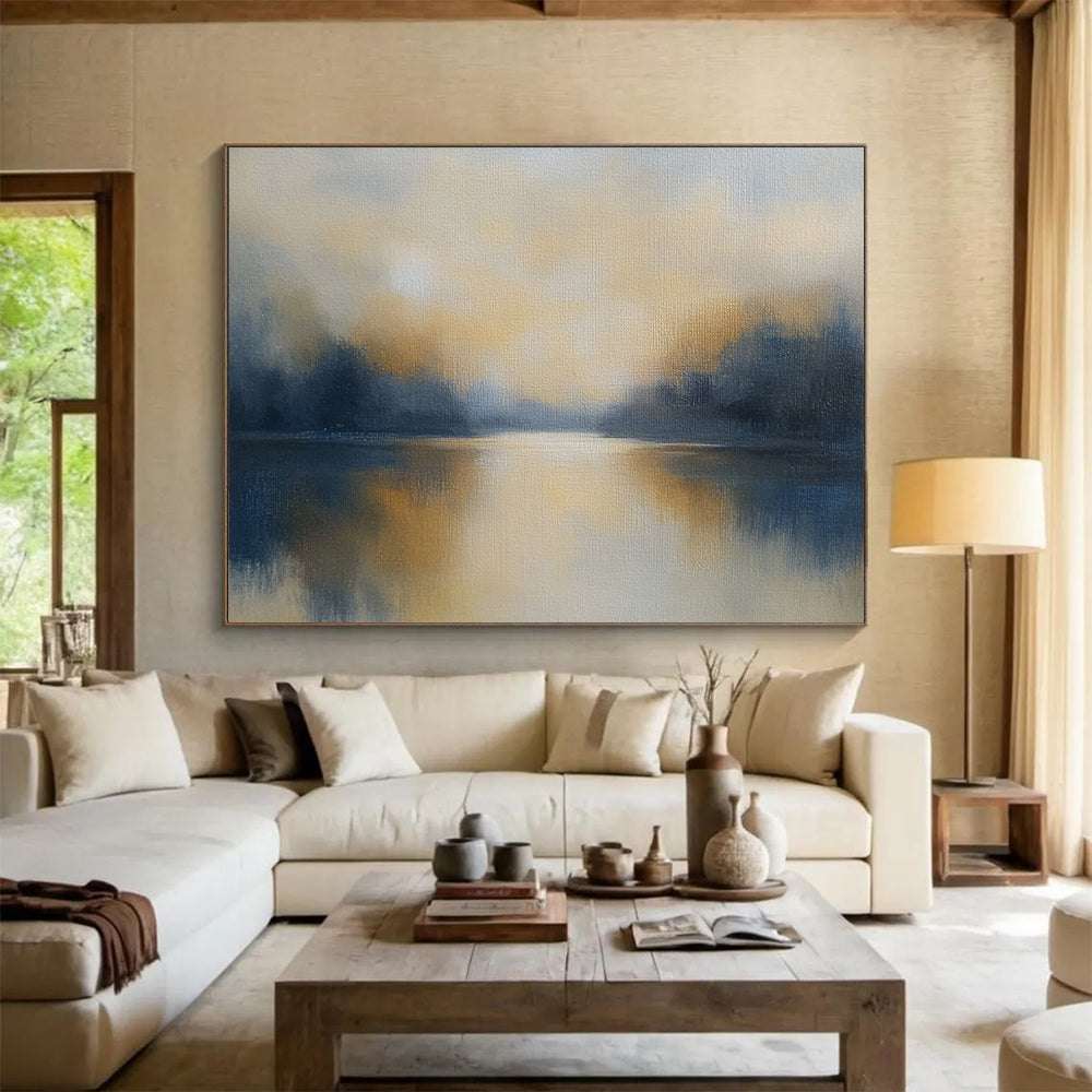 “Misty Lake at Dawn” - Greys, Yellows, Blues, Foggy Lake - Minimalist Oil Painting HB1569
