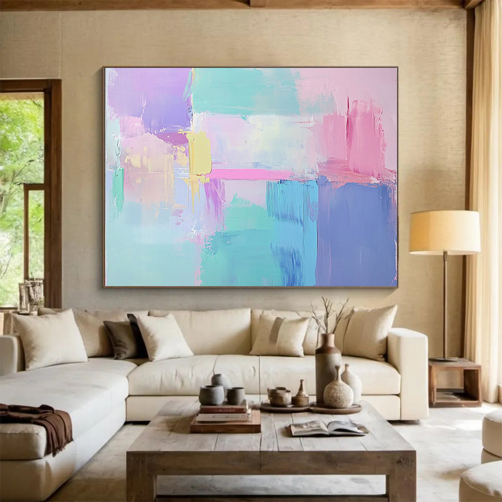 “Pastel Abstract Color Blocks” - Purple, pink, blue, green, yellow; Pastel abstract color blocks; Acrylic Painting On Canvas HB1279