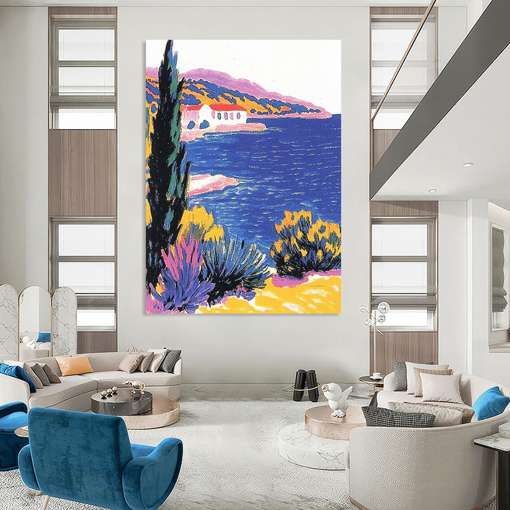 Contemporary hand-painted abstract artwork featuring a beautiful blue sea cypress tree and pastel coastal scenery in a vintage postcard style. DLZ1266
