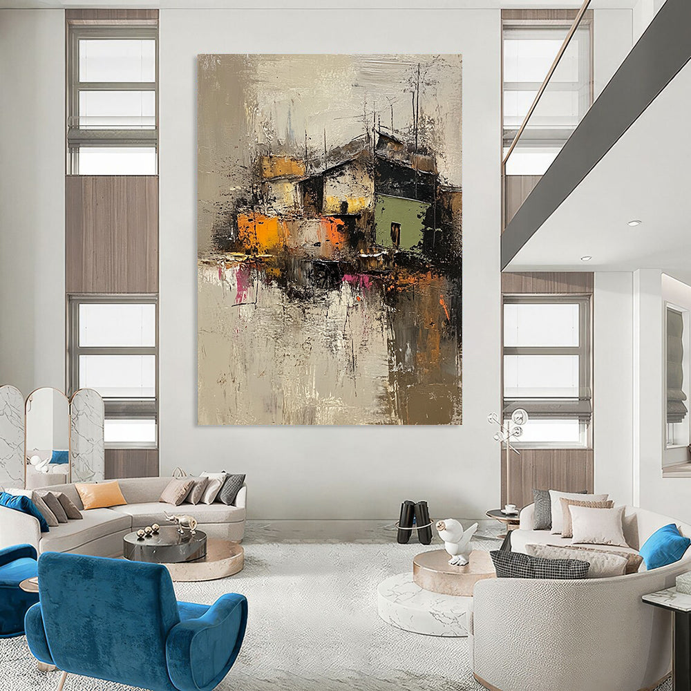 Contemporary abstract artwork featuring an old village in muted grey and brown, highlighted with vibrant green, yellow, orange, and pink textures. DLZ0961