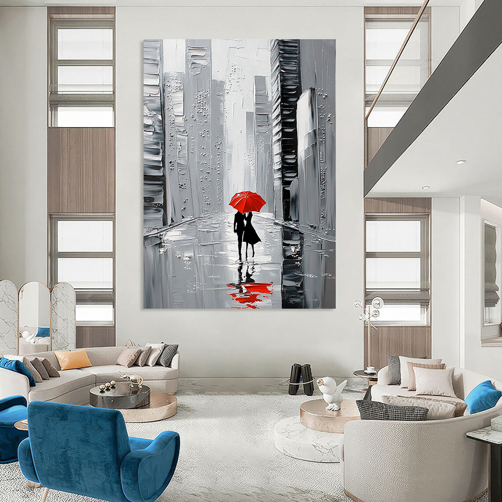 Contemporary abstract painting featuring a white skyline with black skyscrapers a couple walking under a red umbrella on a reflective wet street. DLZ1652