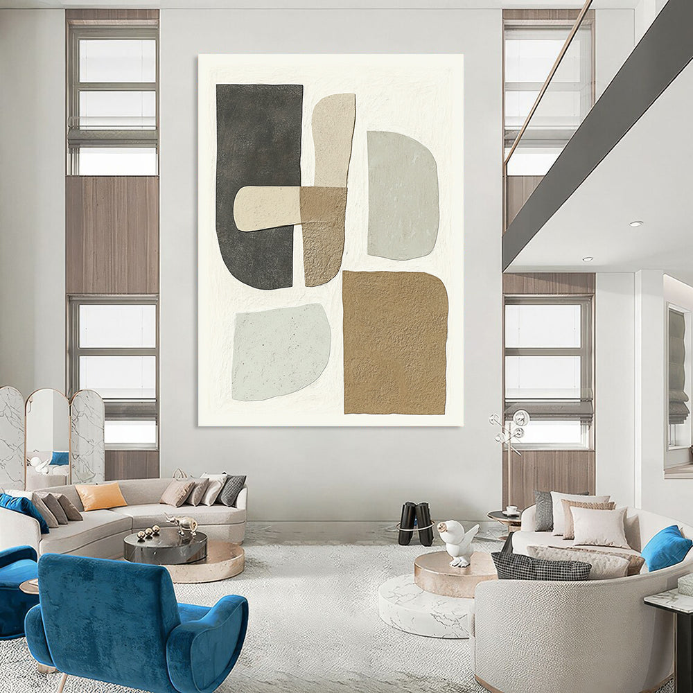 Contemporary hand-painted abstract artwork featuring minimalist shapes in soft gray beige and brown tones on a white background highlights unique textured forms. DLZ1344