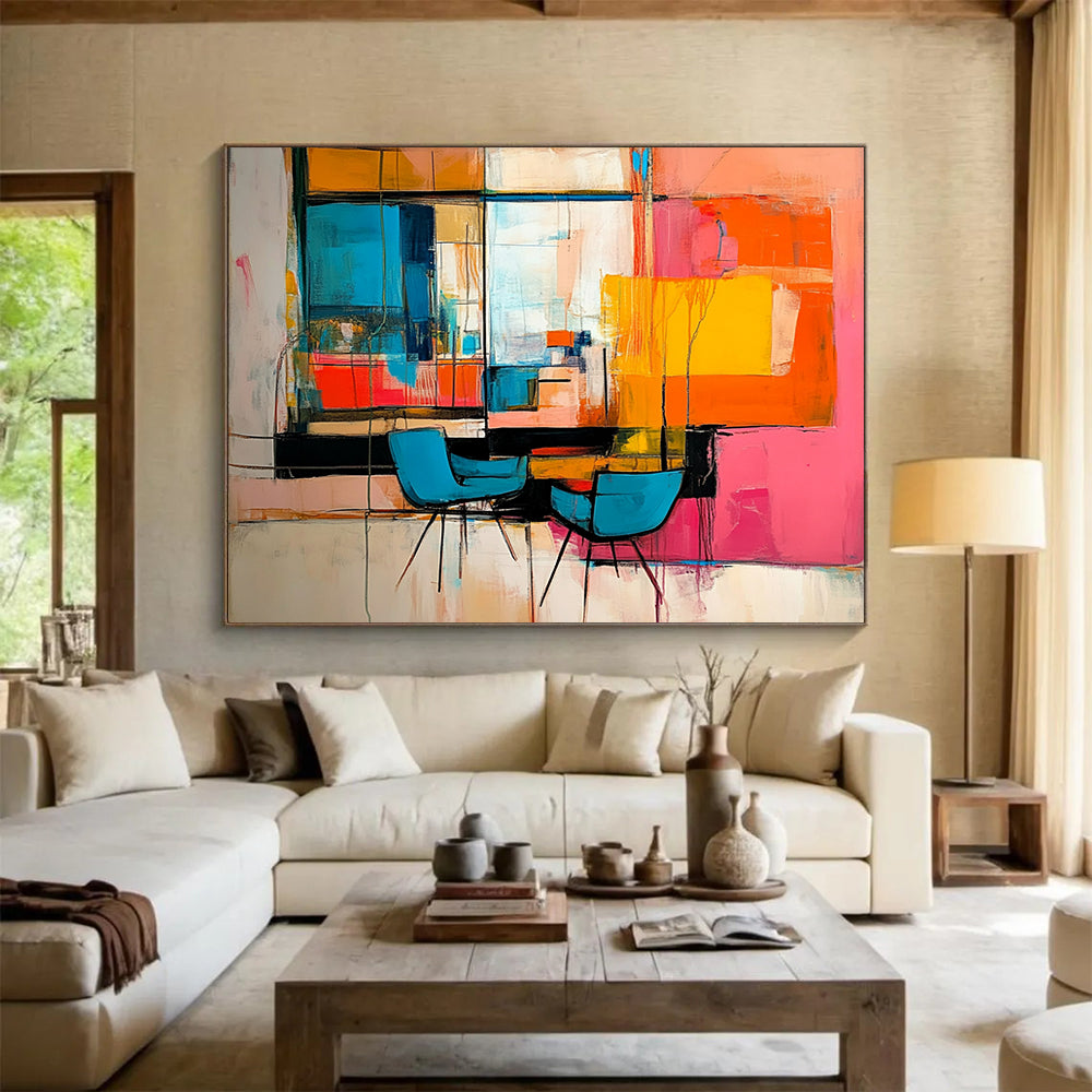 “Vibrant Interior Abstraction” - Multicolor, Abstract Interior Scene with Chairs HB1119