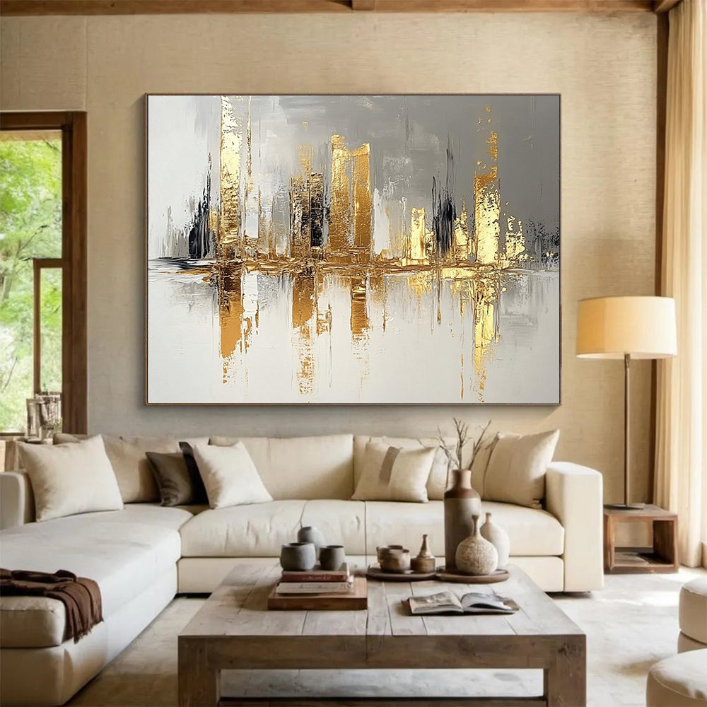 “Gilded Metropolis Reflection” - Gold, Gray, White, Abstract Cityscape with Water Reflections Painting On Canvas HB1084