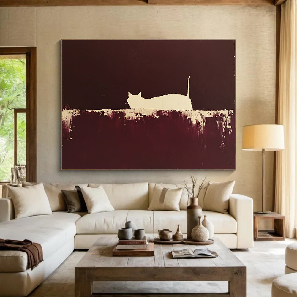 “Silhouette Cat in Brown” - Brown, White, Minimalist Cat Silhouette Painting On Canvas HB0956