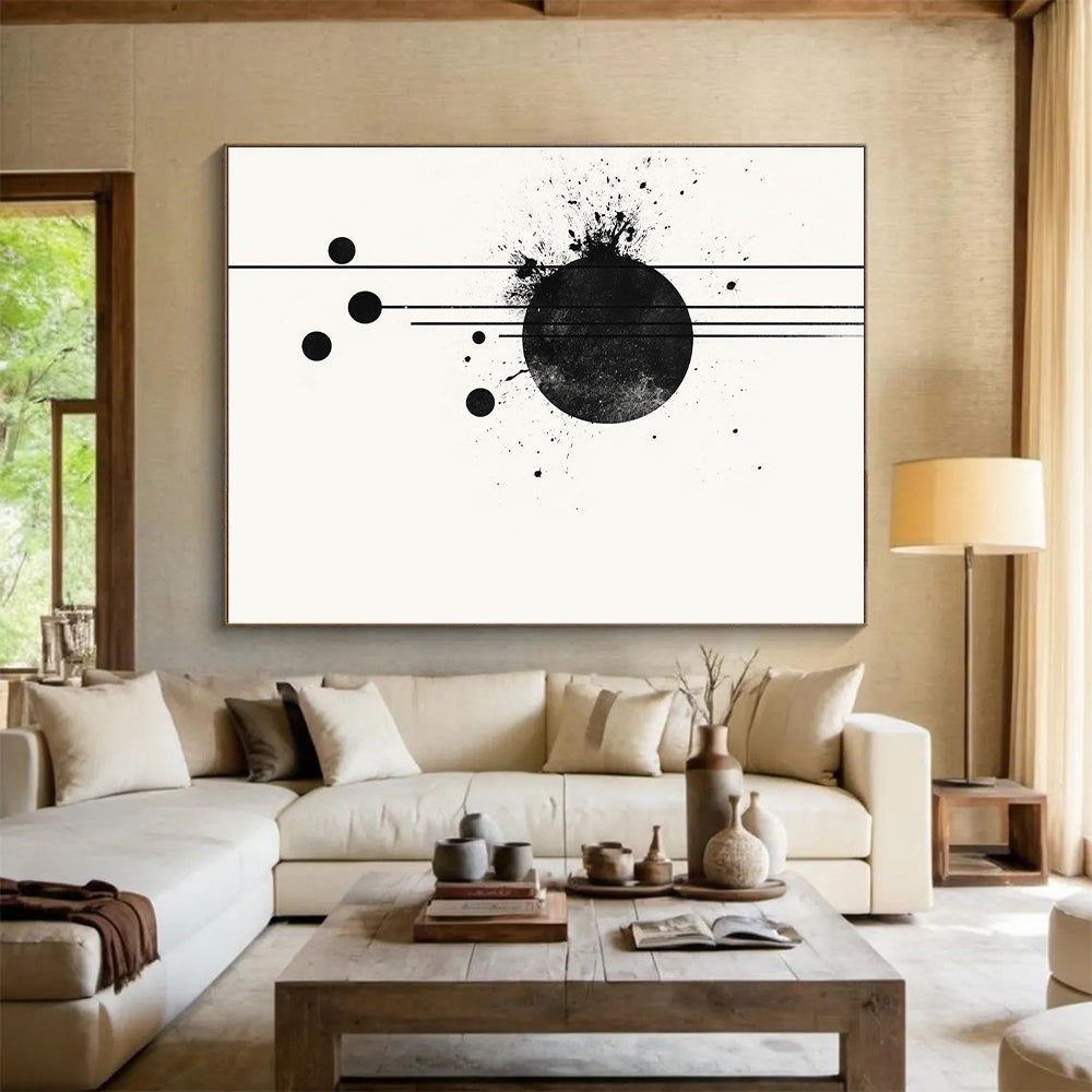 Black Circle with Splatter & Lines - “Elegant Ink Fusion” Painting On Canvas HB238
