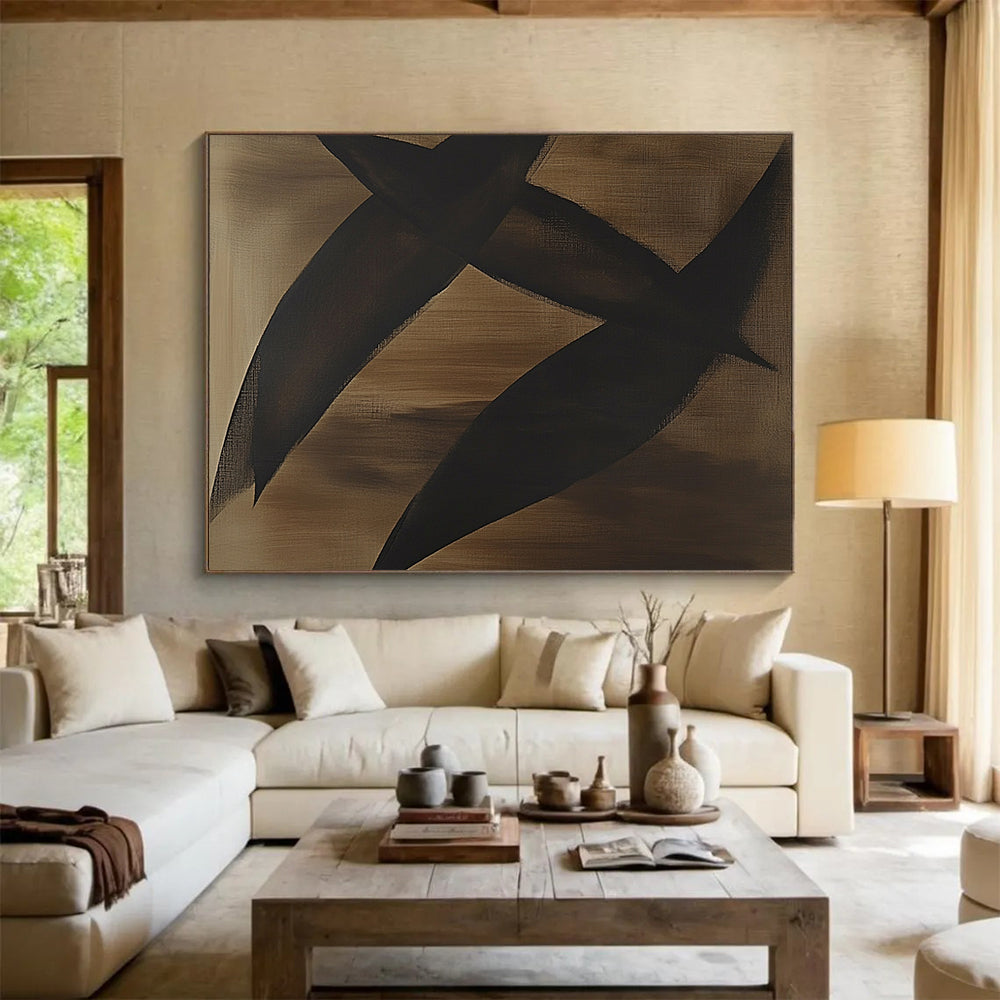 “Black Shapes on Brown” - Black, brown, Minimalist Abstract Painting HB0639
