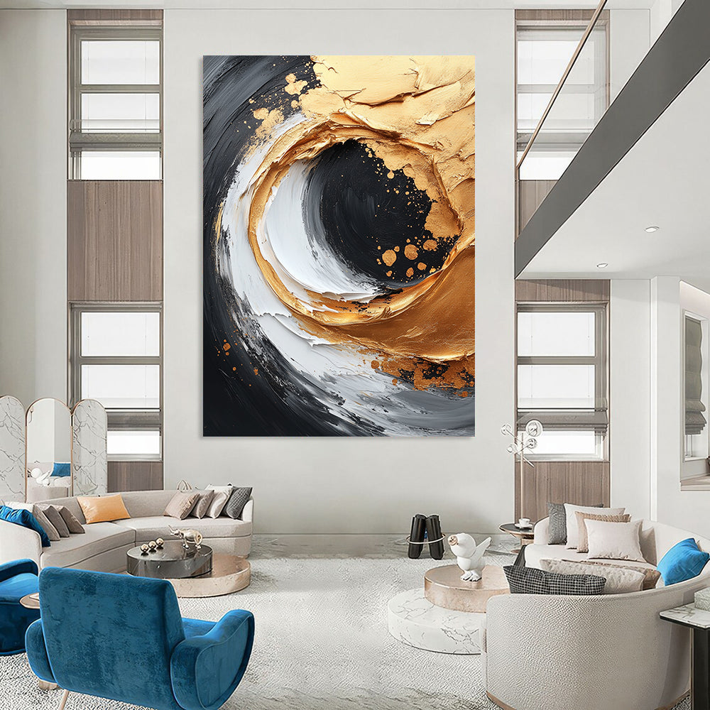 Contemporary abstract painting featuring gold and white brushstrokes on a black canvas with dynamic composition and textured accents in high resolution. DLZ0739