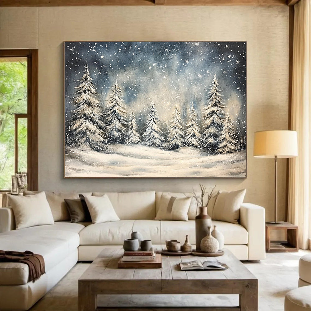 “Snowy Forest Night” - Blue, White, Snowy Trees, Landscape Painting On Canvas HB0777