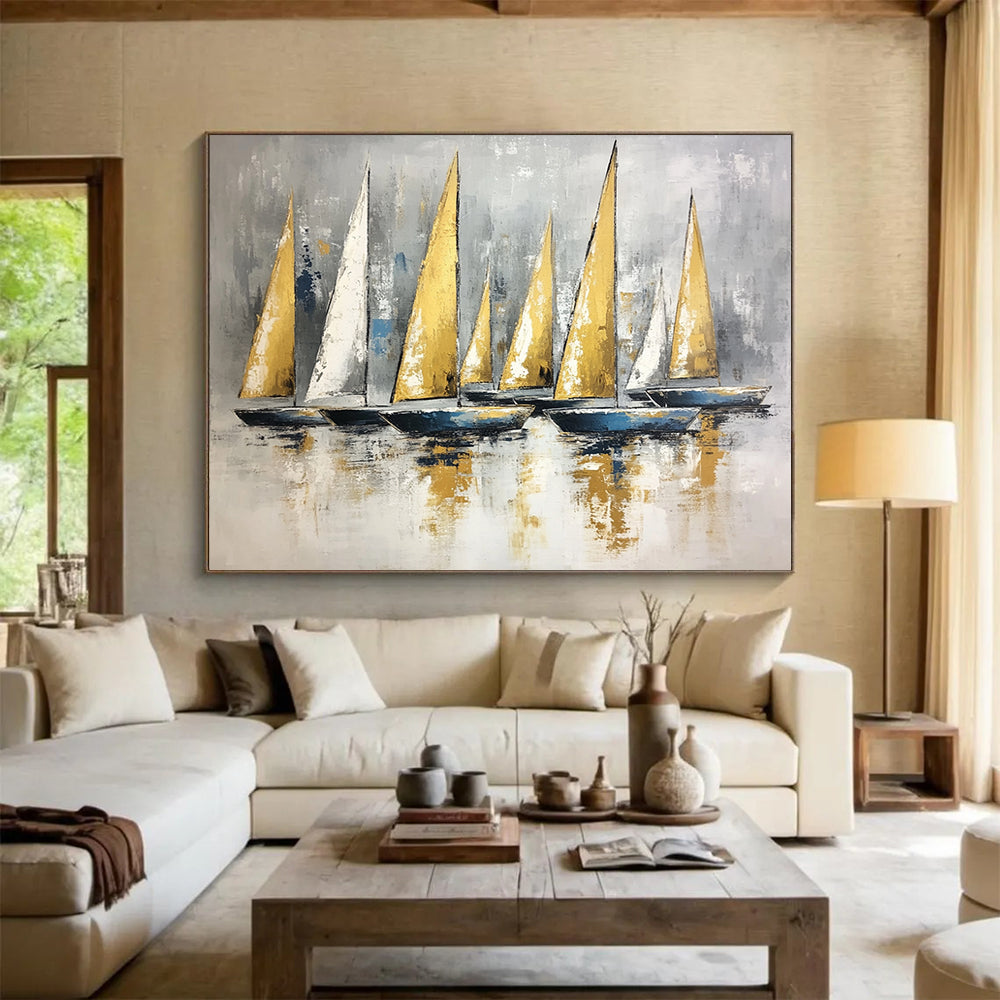“Gold and Gray Sail Fleet” - Gold, Gray, Blue, Sailboats on Calm Water - Textured Oil Painting HB1733