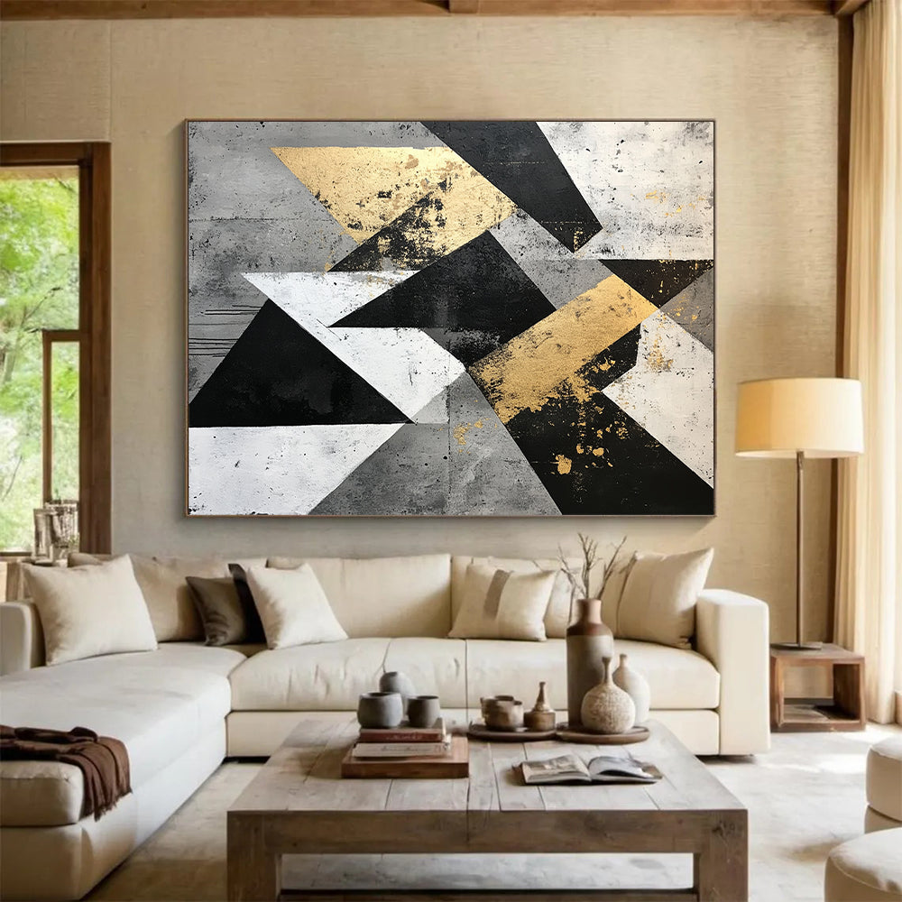 Gold, Black, Gray, White with Angular Shapes "Geometric Edge" Abstract Painting On Canvas HB006