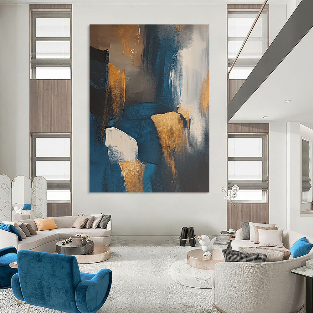 Contemporary abstract art depicting the Irish coast featuring dark blue and gold tones with expressive brush strokes and muted colors. DLZ1002