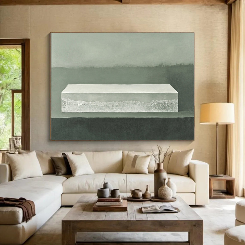 “Minimalist White Box with Lace” - White, Gray, Textured, Still Life Painting On Canvas HB0773