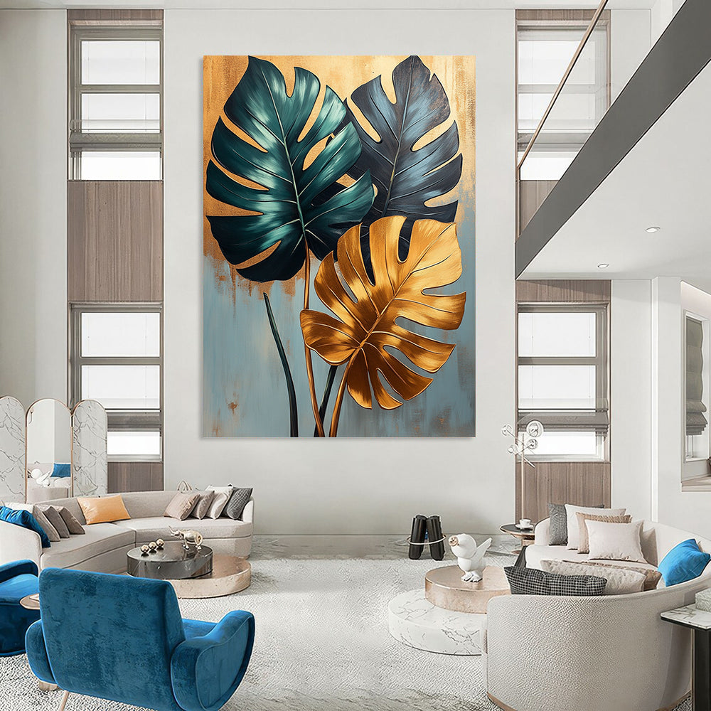Contemporary abstract painting featuring lush monstera leaves in green and gold on a soothing light blue backdrop with elegant gold accents. DLZ1680