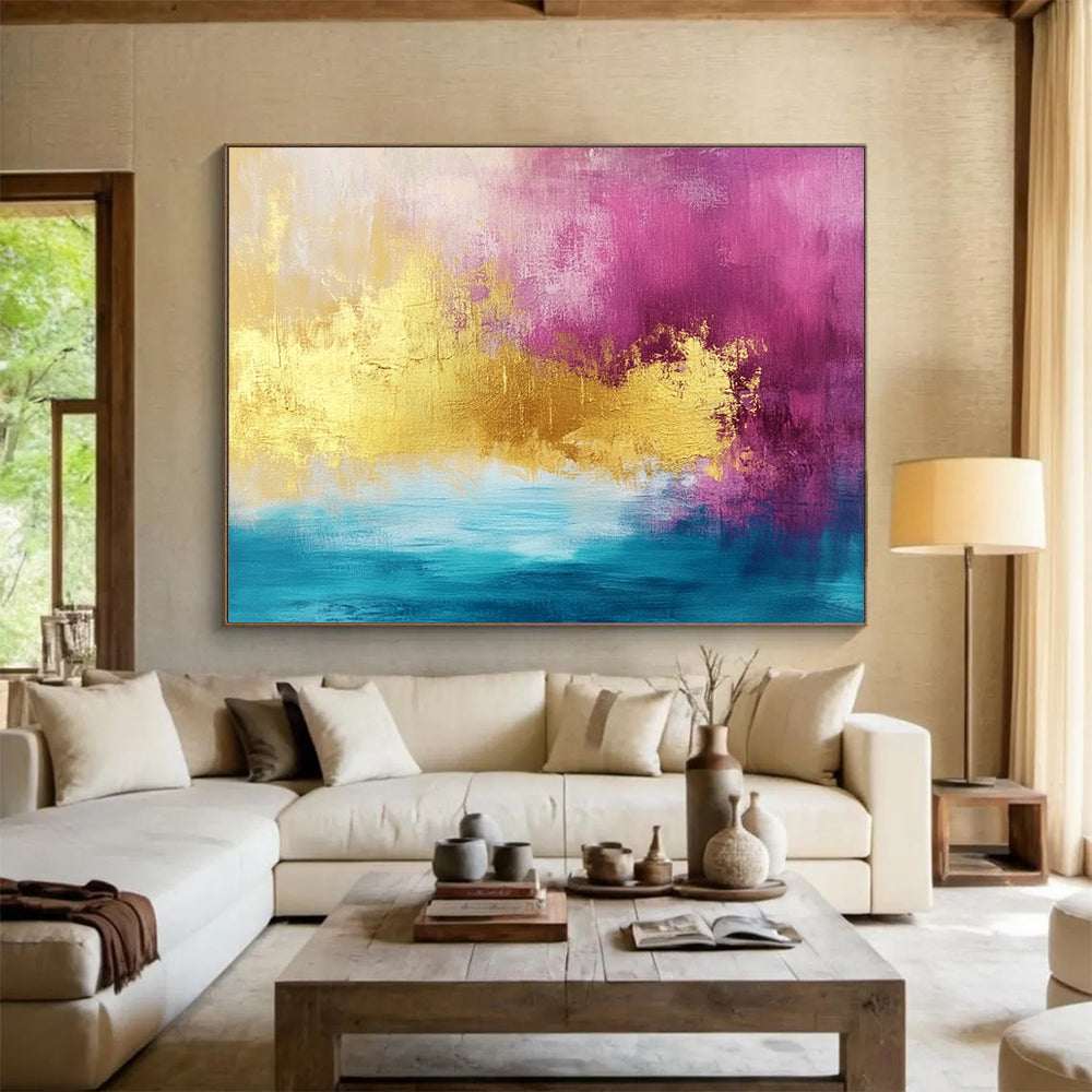 “Pink, Gold, and Blue Abstract” - Pink, Gold, Blue, Bold Color Blocks Painting On Canvas HB0883