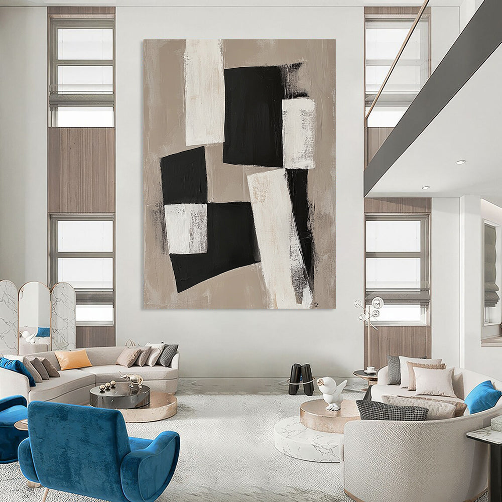Large contemporary abstract painting featuring black and white organic blocks on a beige background connected by delicate lines for a unified minimalist design. DLZ1026