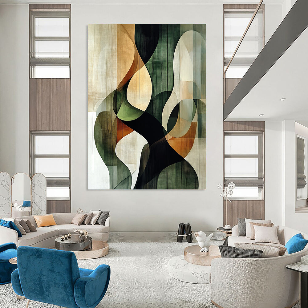 Contemporary hand-painted abstract art featuring intertwined circular shapes in green black and beige against a textured nature-inspired brown background. DLZ0994