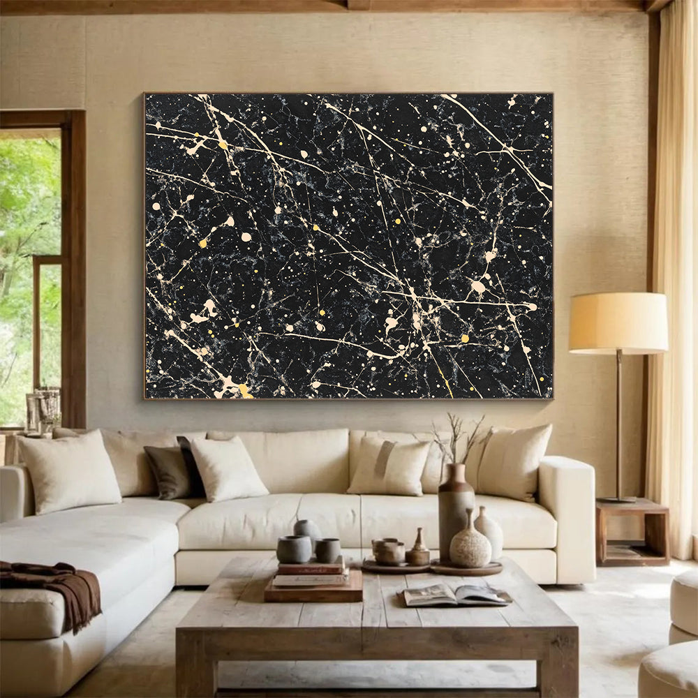 Black, White, Yellow, Marbled Patterns "Starry Night Marble" Abstract Modernist Painting On Canvas HB049