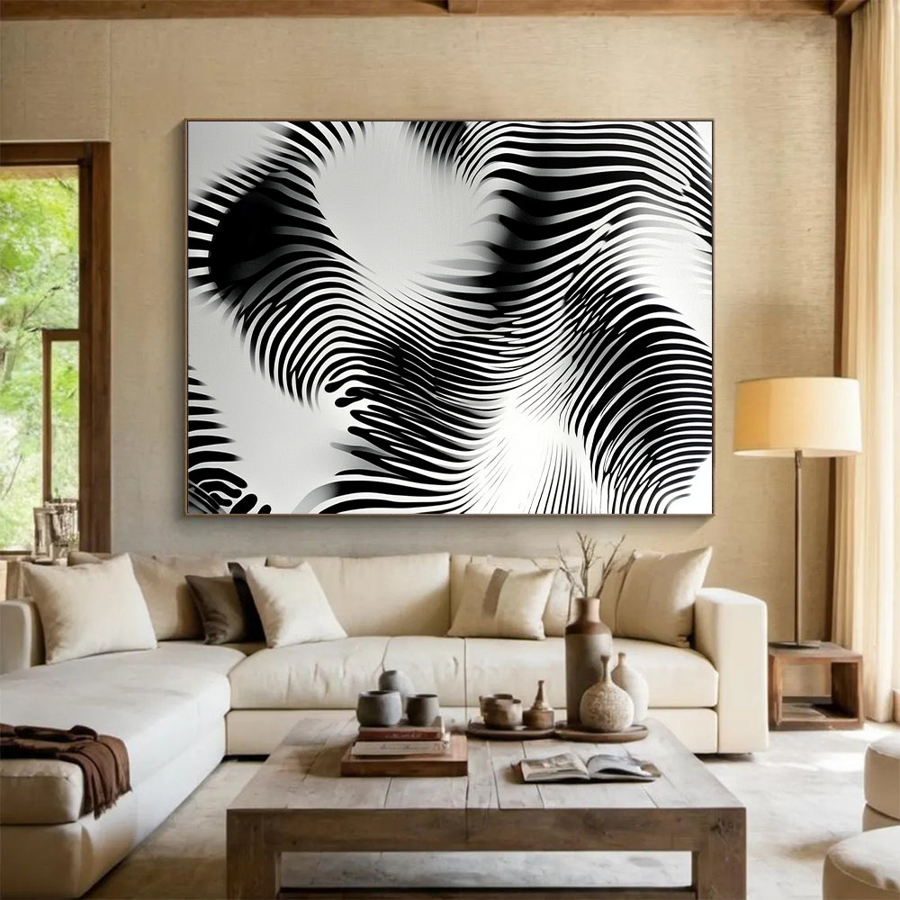 Black and White Wavy Lines "Optical Flow" Painting On Canvas HB263