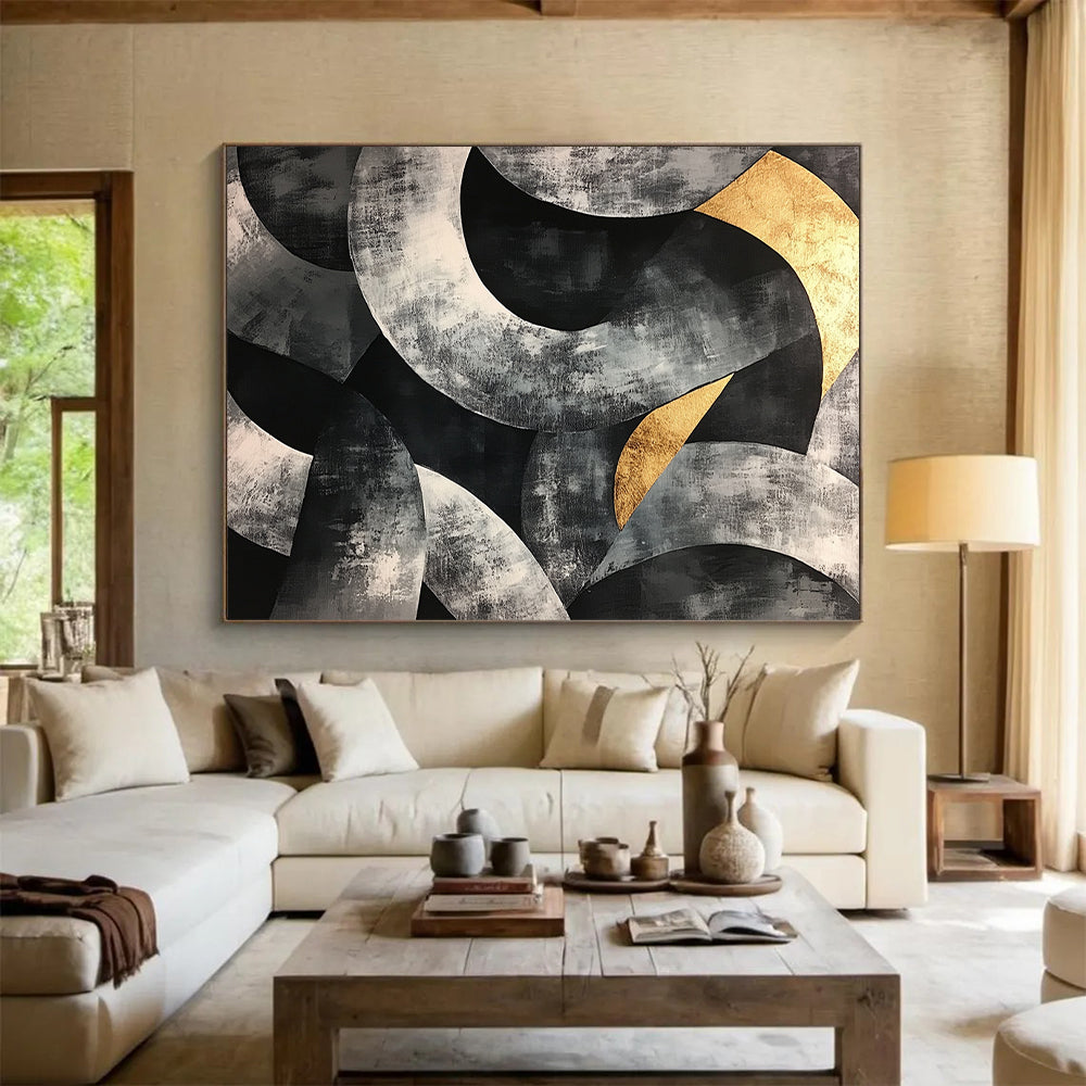 Gray, Black, Gold and Silver Geometric Abstraction "Complex Circles" Painting On Canvas HB400
