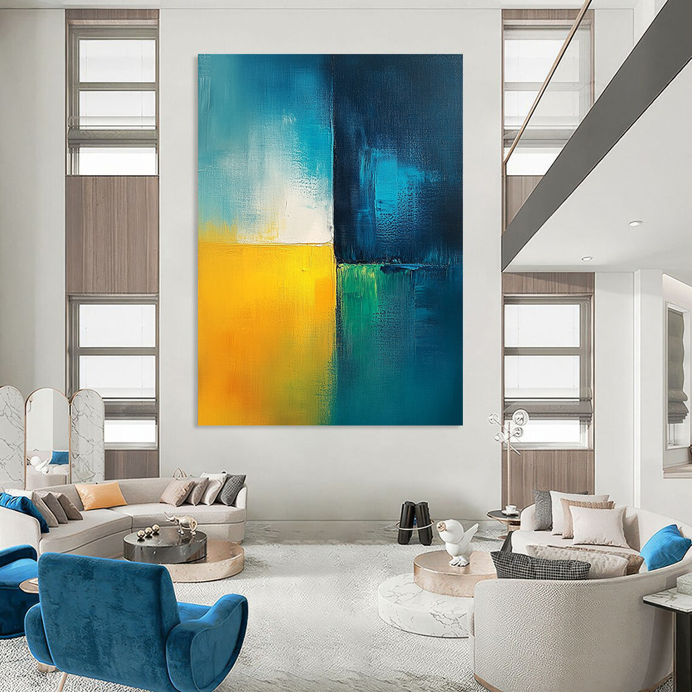 Contemporary abstract painting featuring calming blue green white and yellow hues with a light teal background and minimalist dark blue contrast bar. DLZ0355