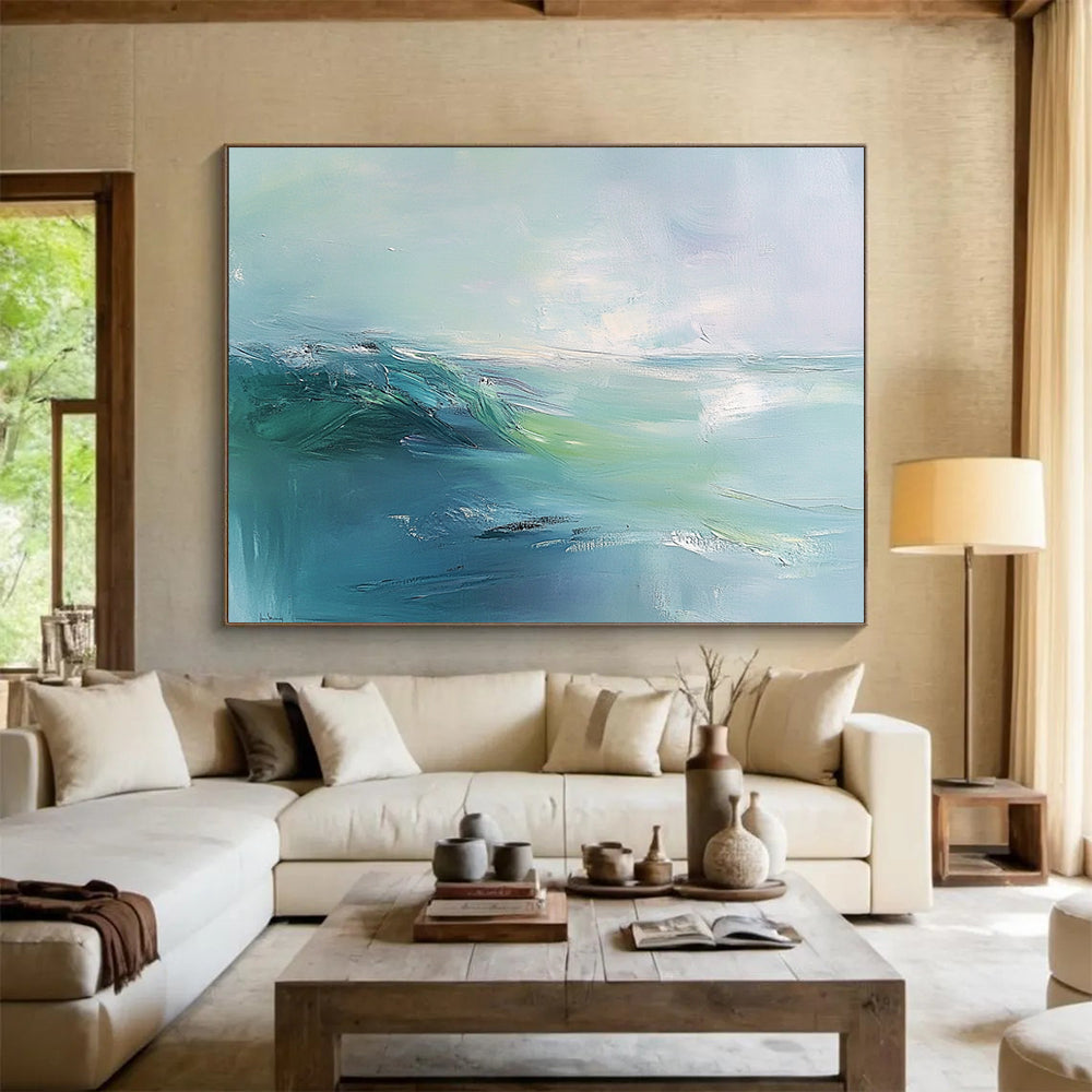 “Soft Green - Blue Abstract Wave” - Soft Green, Blue, Abstract Wave, Expressive Brushstrokes HB1123