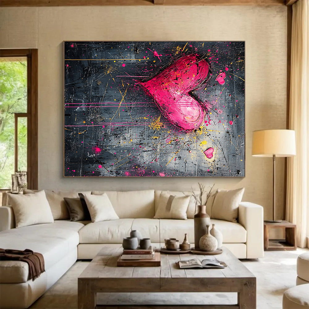 Pink Hearts with Splattered Yellow & Red - “Passionate Urban Hearts” Painting On Canvas HB212