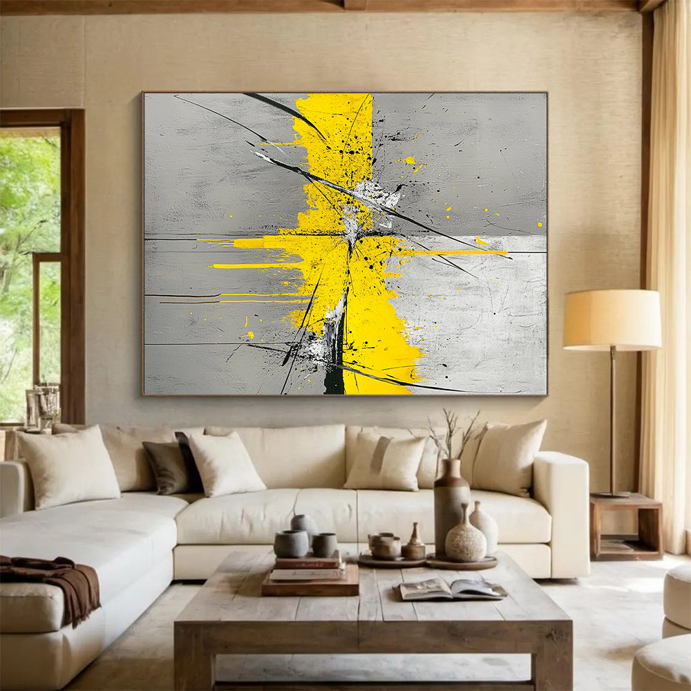 Gray, Yellow, Black, White, Splattered Cross "Dynamic Intersection" Abstract Expressionist Painting On Canvas HB058