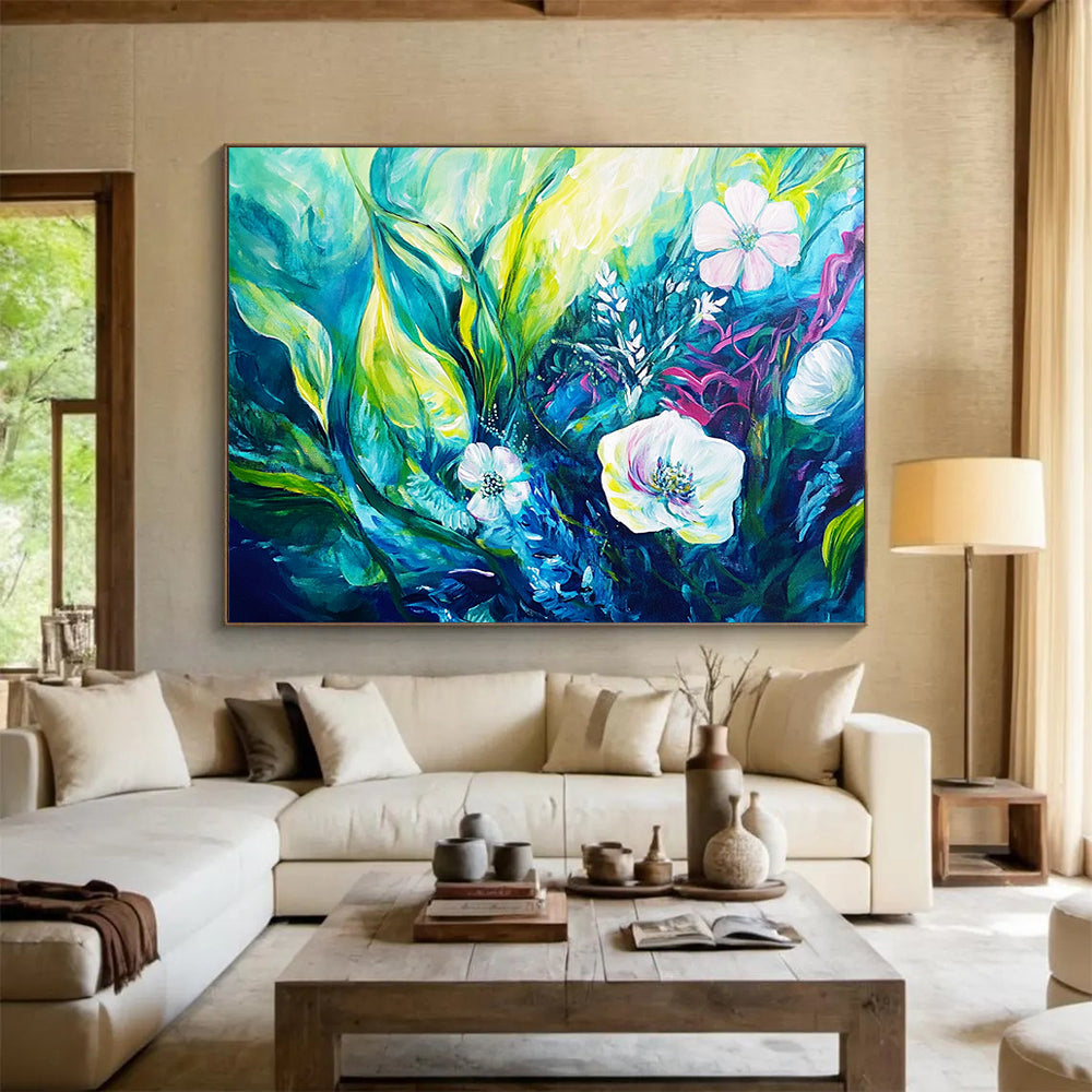 “Teal - Green Floral Abstraction” - Teal, Green, Abstract Floral, Lush Brushstrokes HB1124