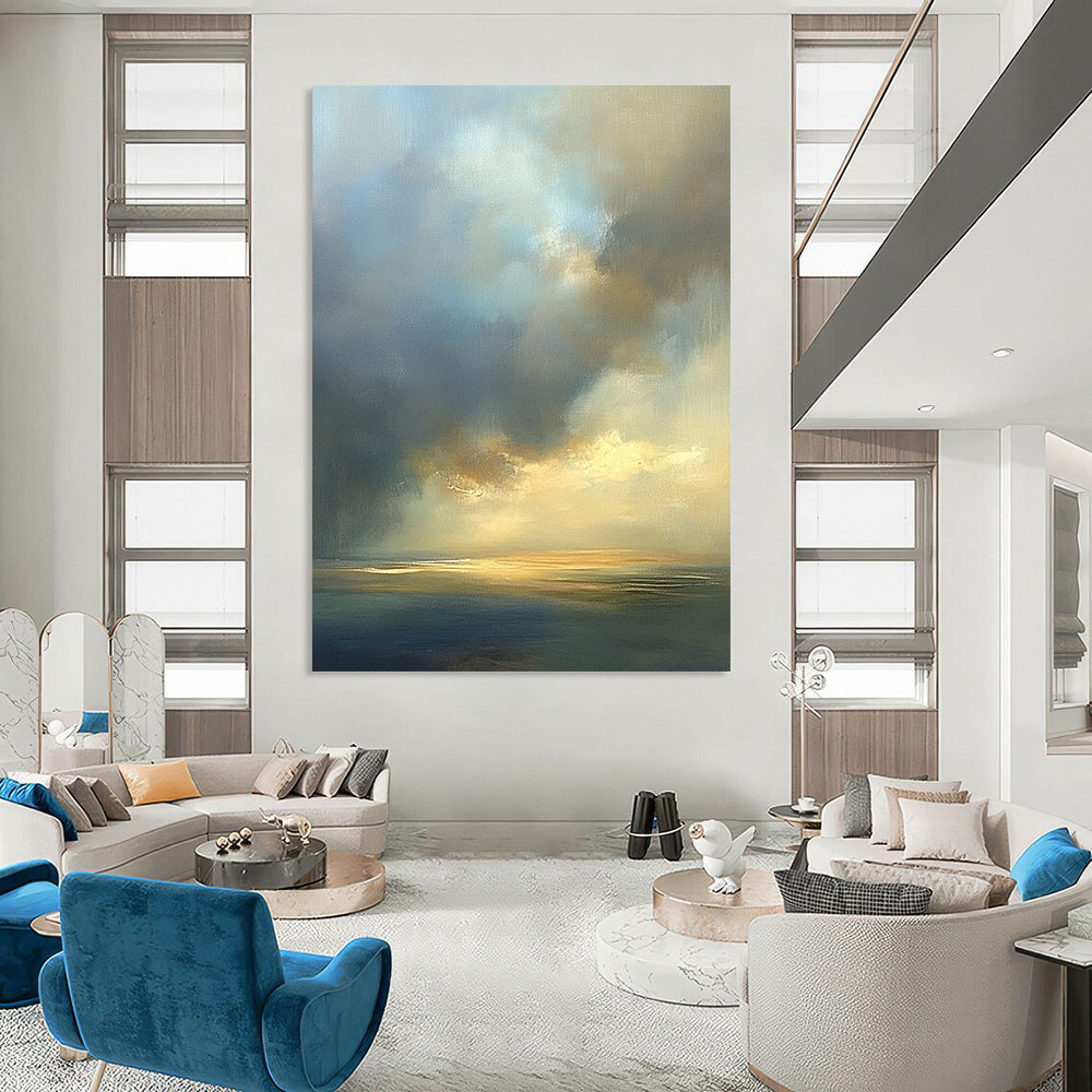 Contemporary abstract oil painting featuring an expansive sky in muted beige and blue tones with soft edges and atmospheric clouds. DLZ0888